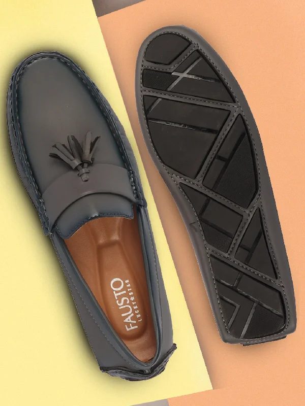 Stylish High Heels Men Grey Driving Outdoor Tassel Loafer and Moccasin Shoes