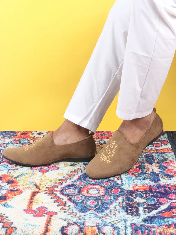 Casual Flip Flops Men Light Brown Velvet Embroidery Party Casual Loafer Shoes