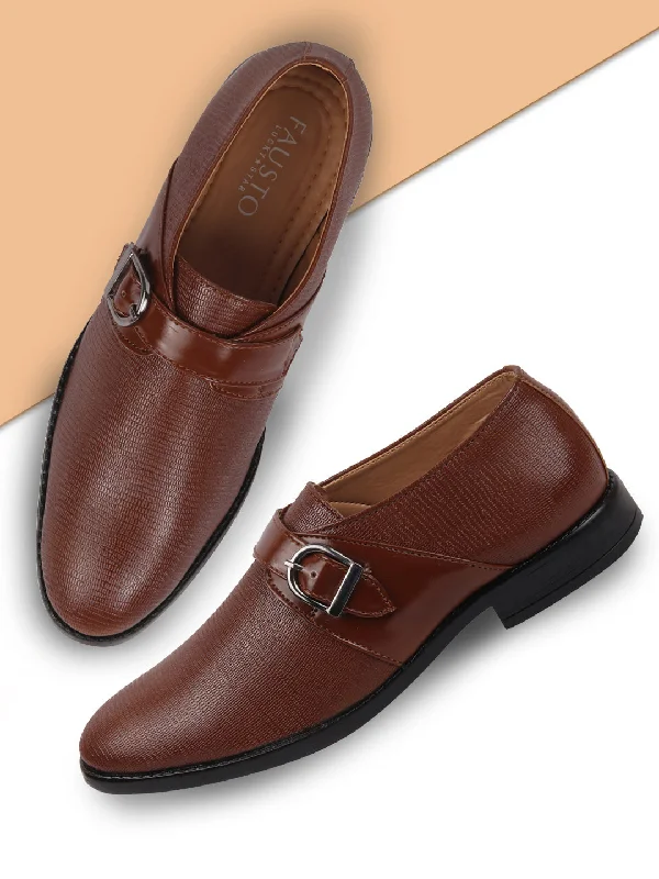 Warm Hiking Boots Men Tan Monk Single Strap Party Wear Shoes