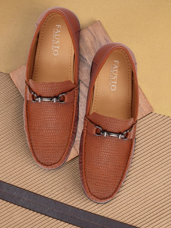 Fashionable Sneakers Collection Men Tan Horsebit Buckle Embossed Casual/Dress Loafer Shoes