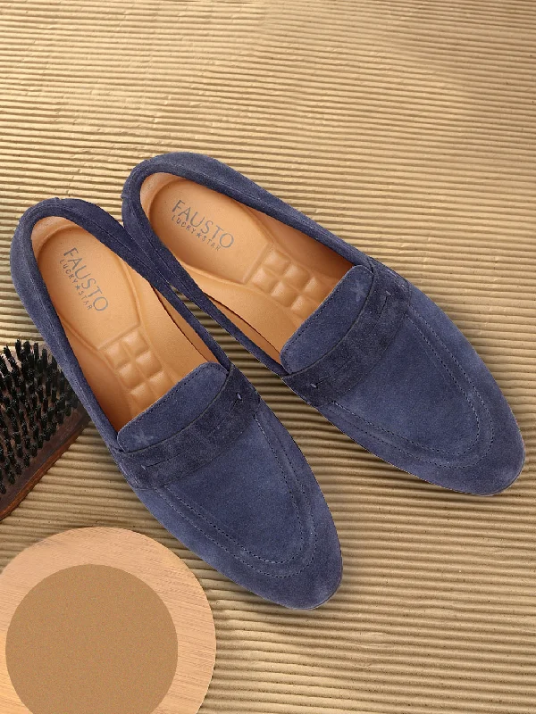 Waterproof Loafers Men Navy Blue Suede Leather Outdoor Penny Loafer Shoes
