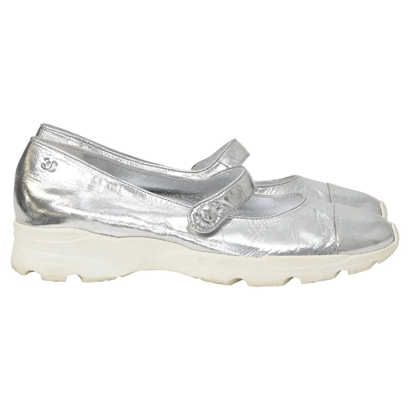 Elegant Wedding Shoes Chanel Mary Jane Sneakers in Silver Leather