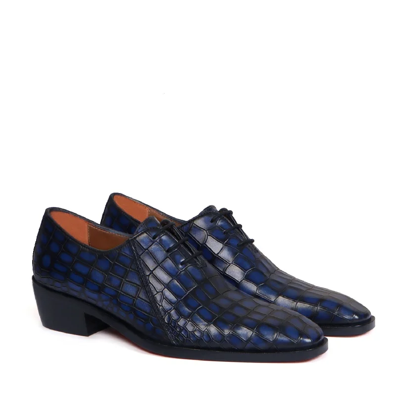 Luxury Boots For Sale Perfect Cuban Heel Smokey Blue Cut Croco Textured Oxfords Leather Lace Up Formal Shoes For Men  by Brune & Bareskin