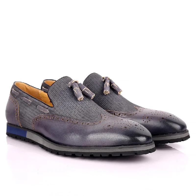 Comfortable Flip Flops Berlut Brogue And Tassel Designed Grey Leather Shoe