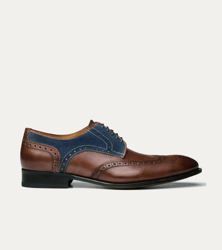 Formal Dress Footwear Wingtip Brown Antique & Blue Suede