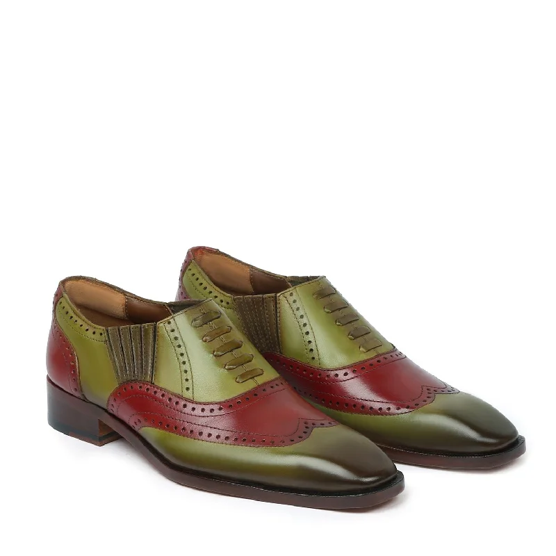 Trendy Platform Sneakers Dual Tone Wine Olive-Green Lazy Man Stylish Wingtip Punching with Fixed Lace Oxfords by Brune & Bareskin