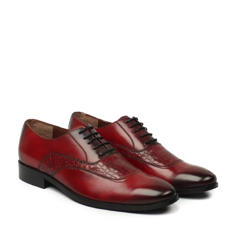 Luxury Sneakers For Sale Wine Silhouette Deep Cut Croco Leather Vamp Oxford Shoes by Brune & Bareskin Luxury Sneakers For Sale Wine Silhouette Deep Cut Croco Leather Vamp Oxford Shoes by Brune & Bareskin